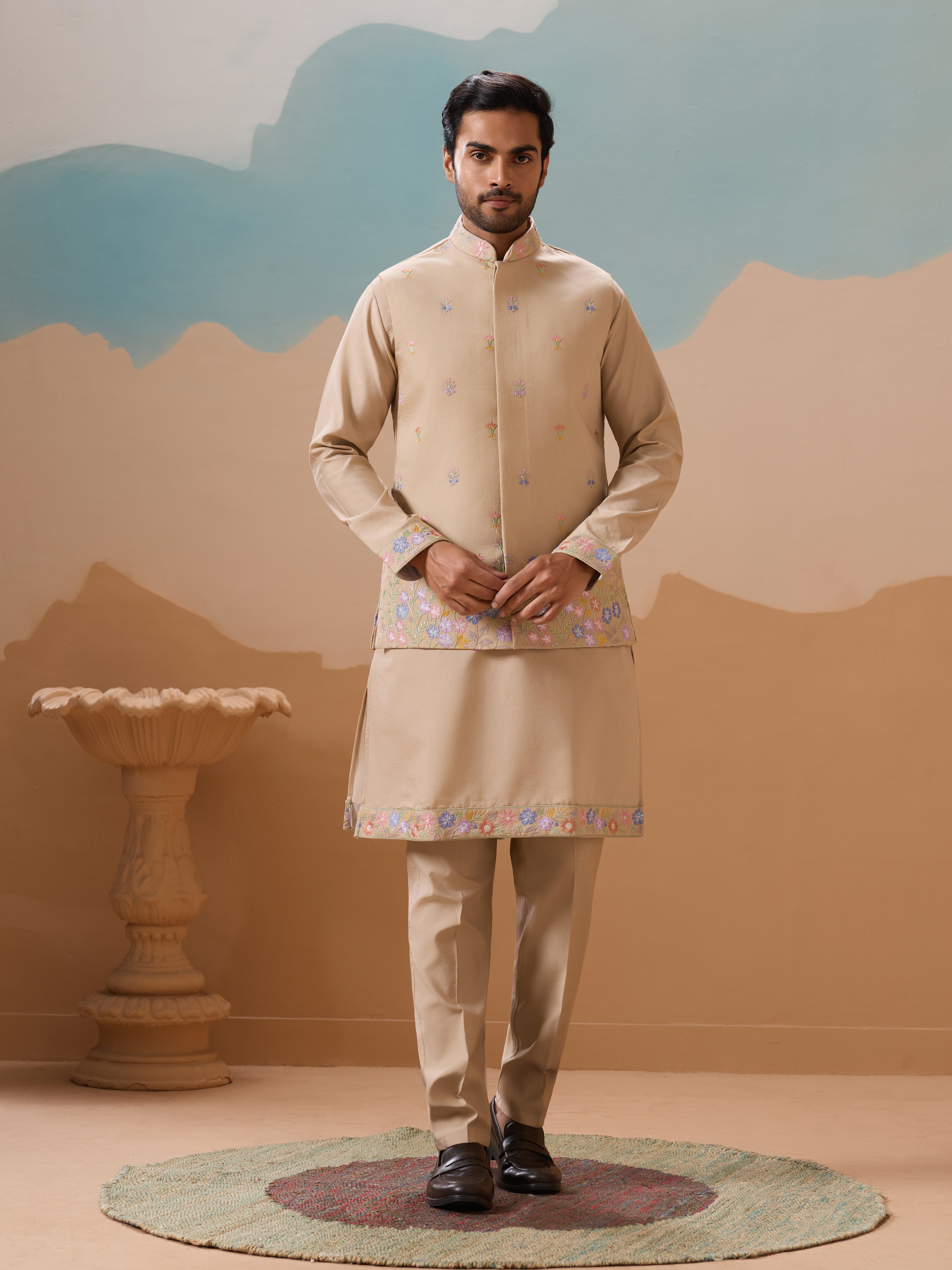 Celebration Beige Kurta Jacket and Pant Wedding Outfit for Men

