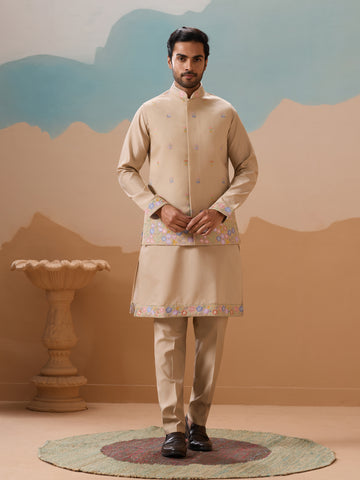 Celebration Beige Kurta Jacket and Pant Wedding Outfit for Men
