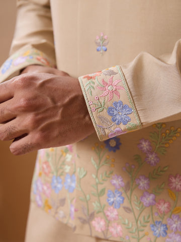 Celebration Beige Kurta Jacket and Pant Wedding Outfit for Men
