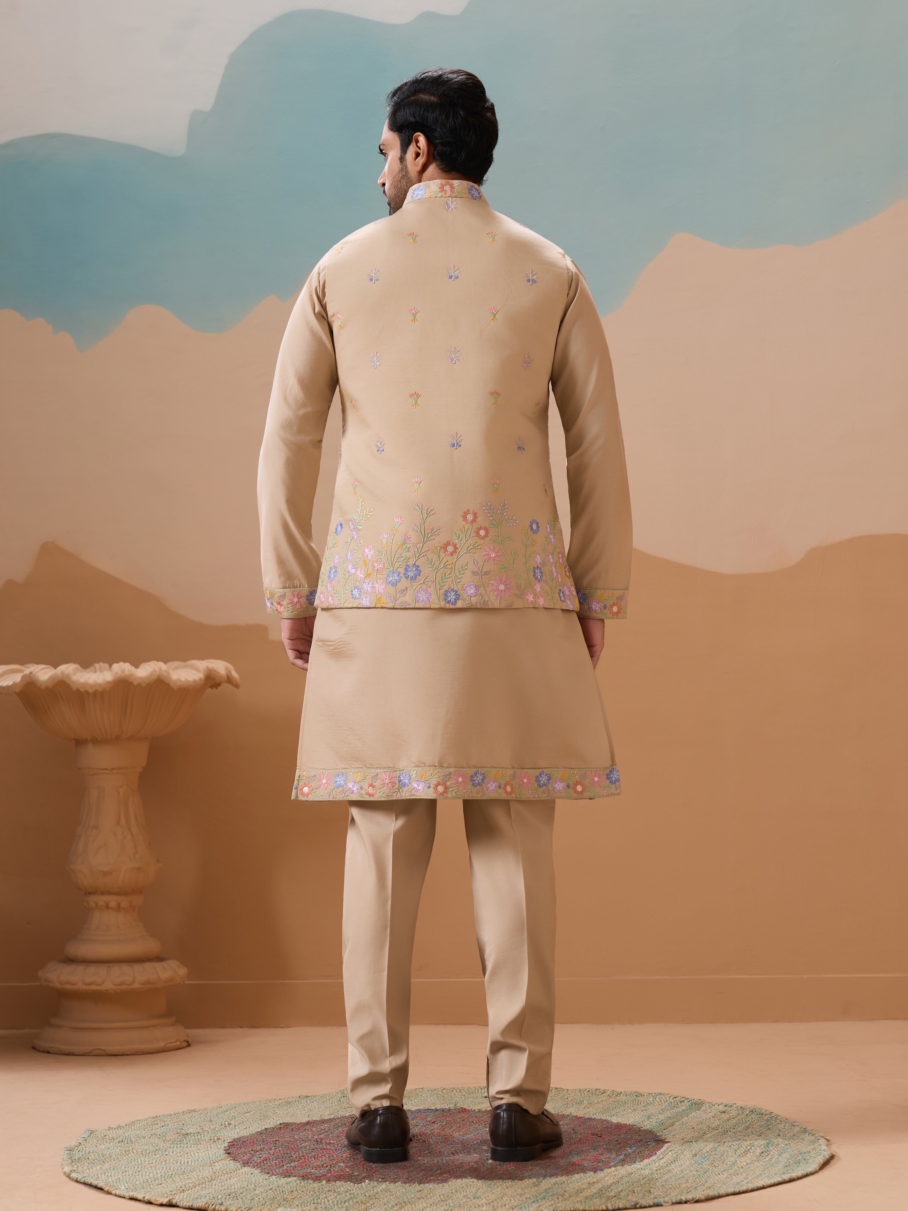 Celebration Beige Kurta Jacket and Pant Wedding Outfit for Men
