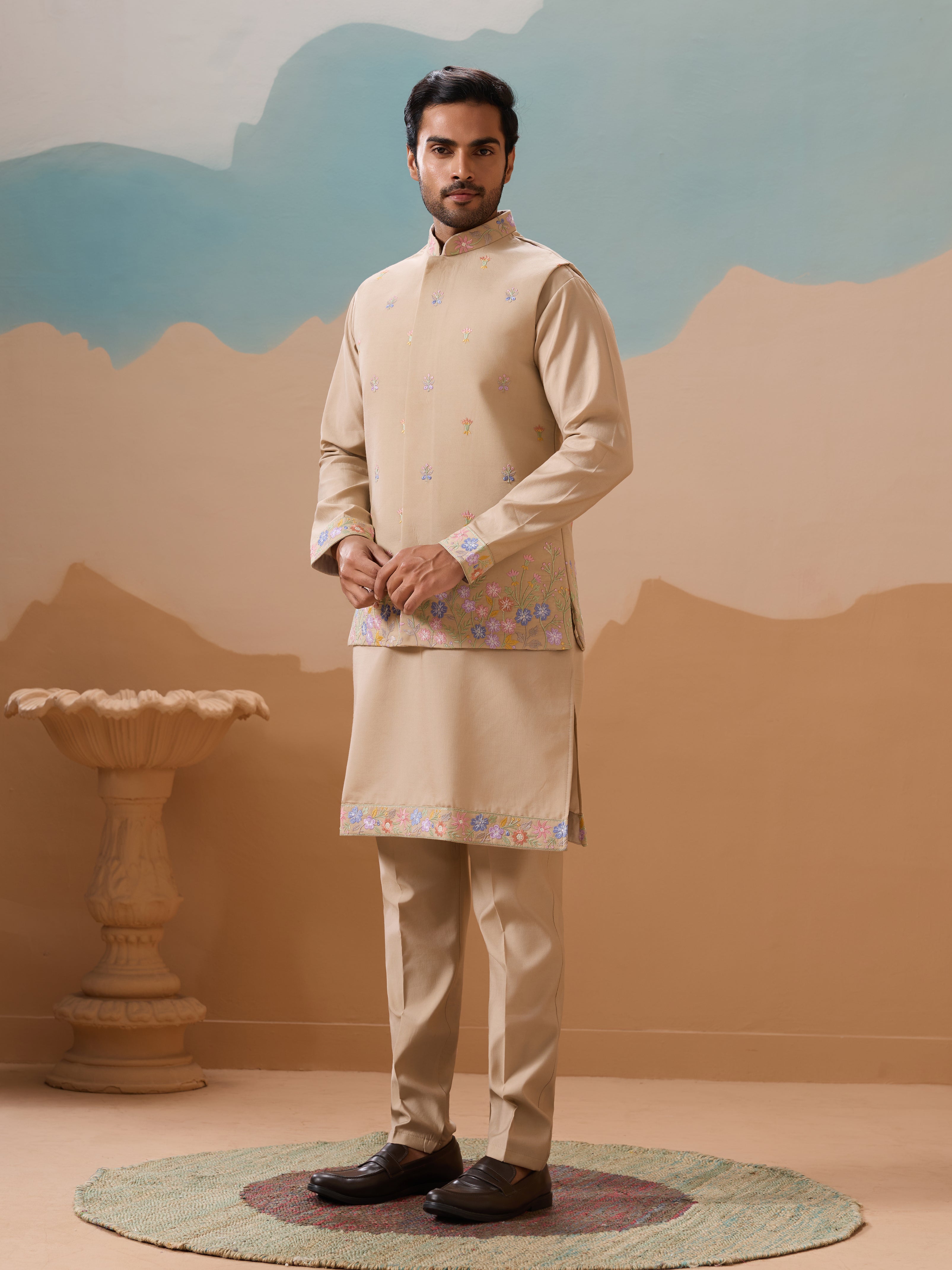 Celebration Beige Kurta Jacket and Pant Wedding Outfit for Men
