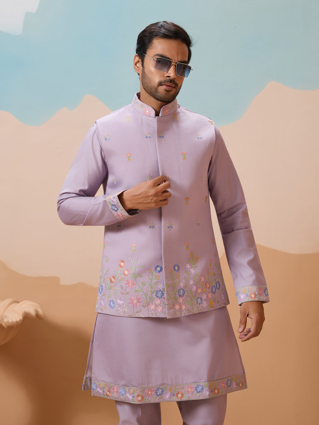 Trendy Lavender Wedding Celebration Kurta Jacket With Pant For Mens

