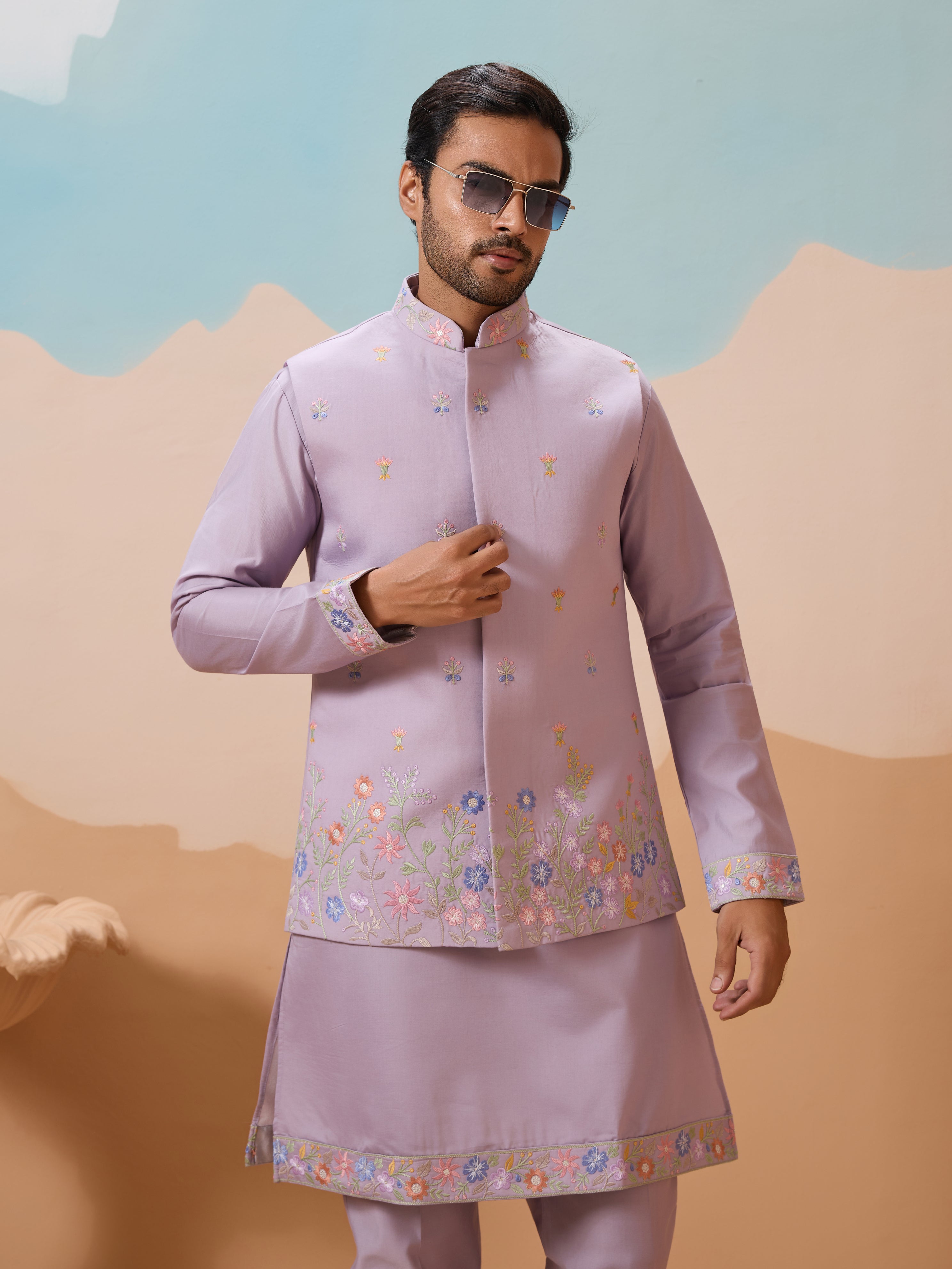 Trendy Lavender Wedding Celebration Kurta Jacket With Pant For Mens
