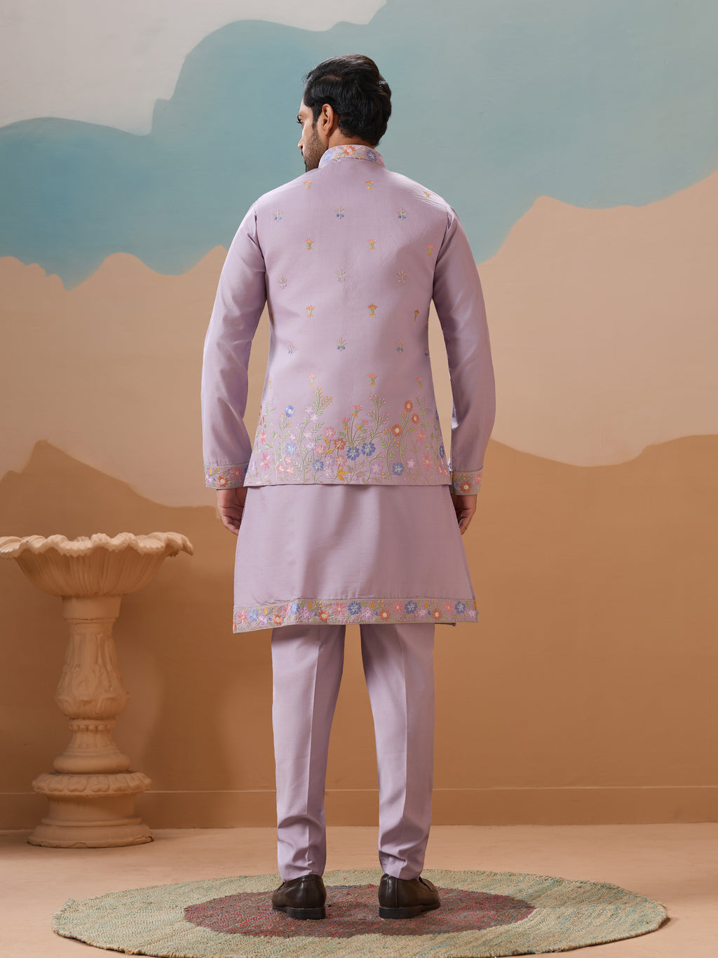 Trendy Lavender Wedding Celebration Kurta Jacket With Pant For Mens
