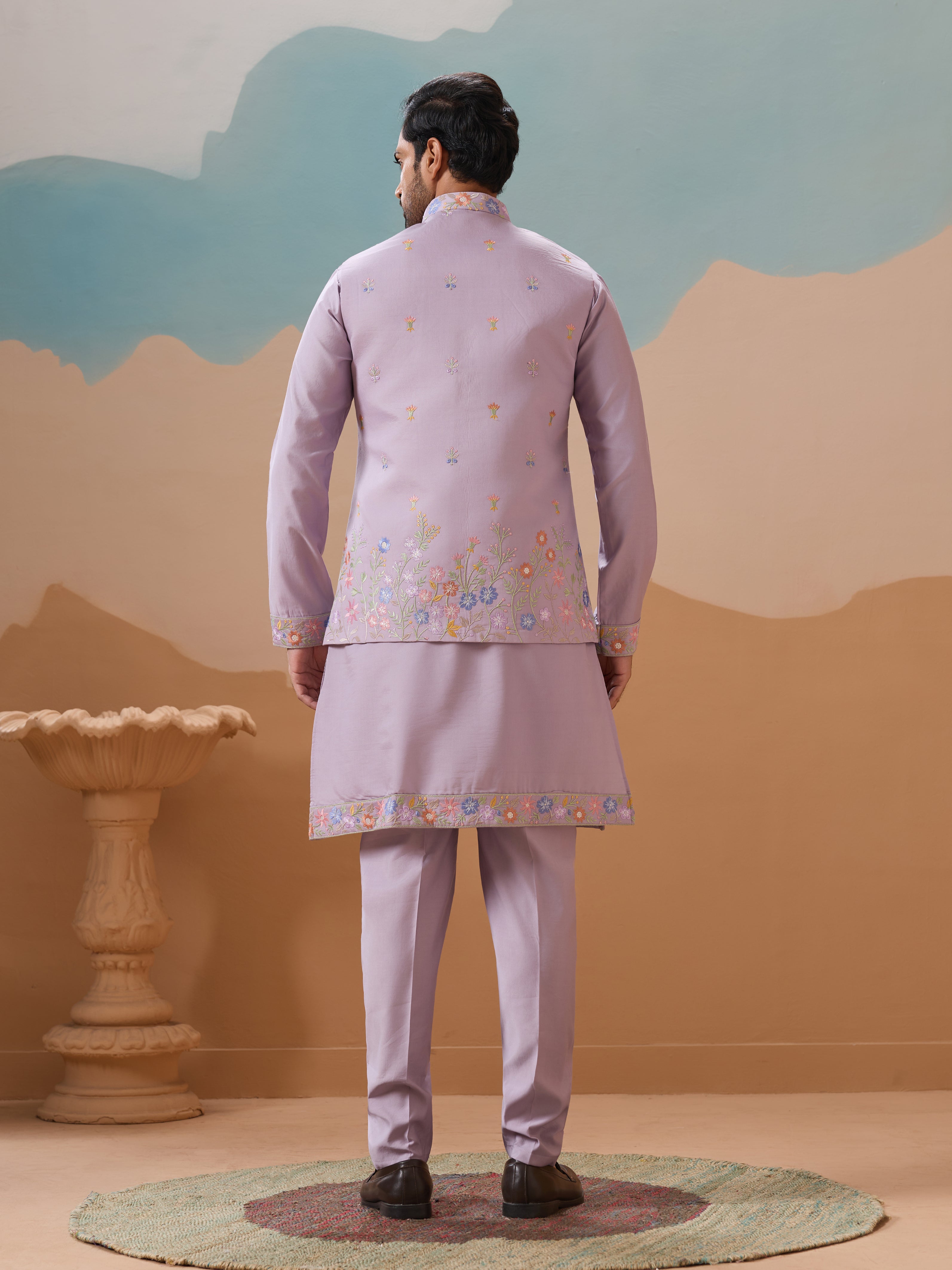 Trendy Lavender Wedding Celebration Kurta Jacket With Pant For Mens
