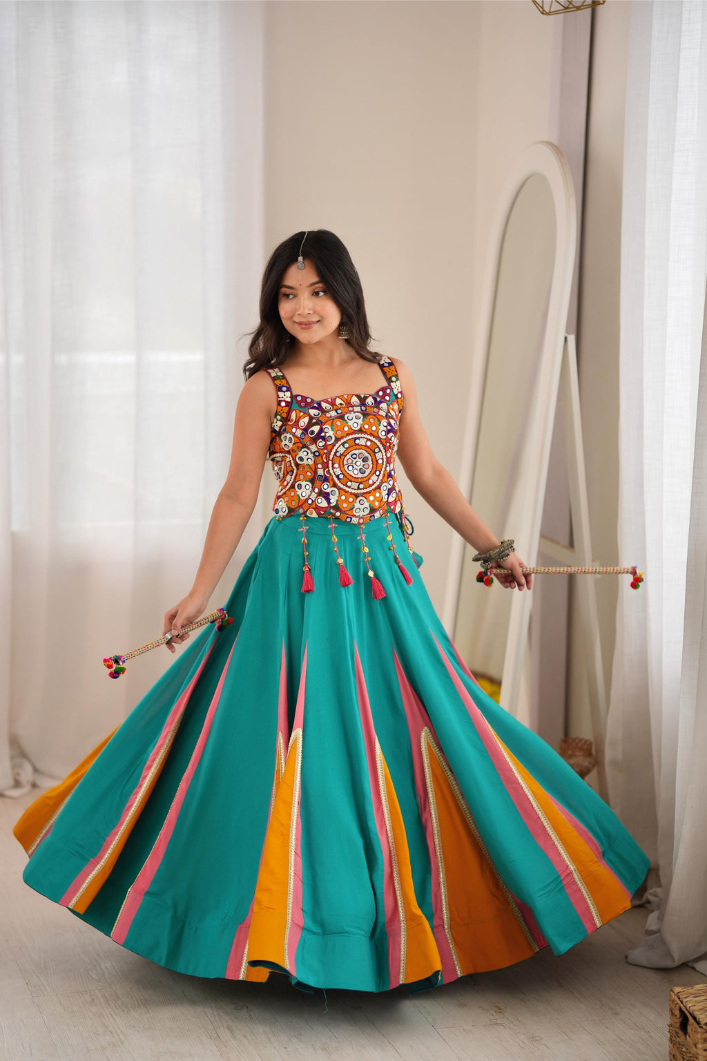 Traditional Rayon Mirror Heavy Flair Lehenga Set | Tulip Designer
