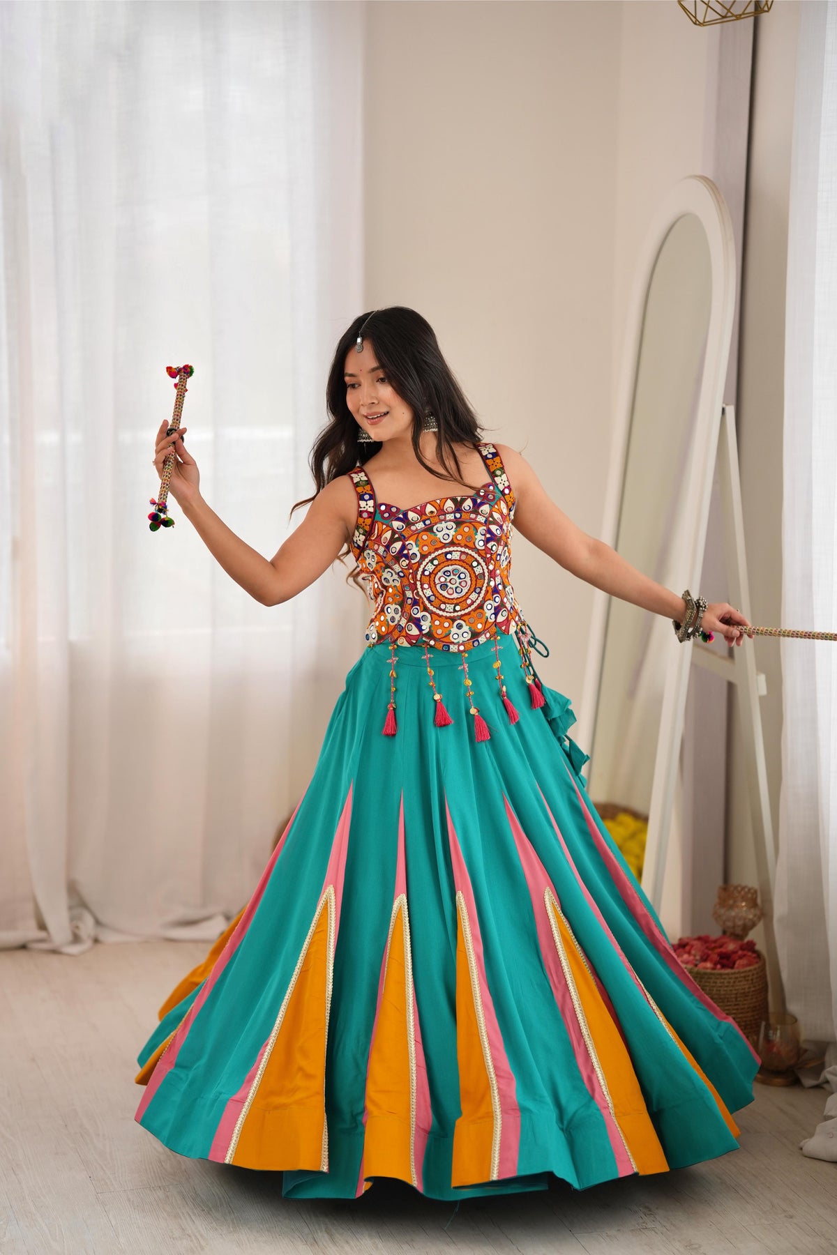 Traditional Rayon Mirror Heavy Flair Lehenga Set | Tulip Designer
