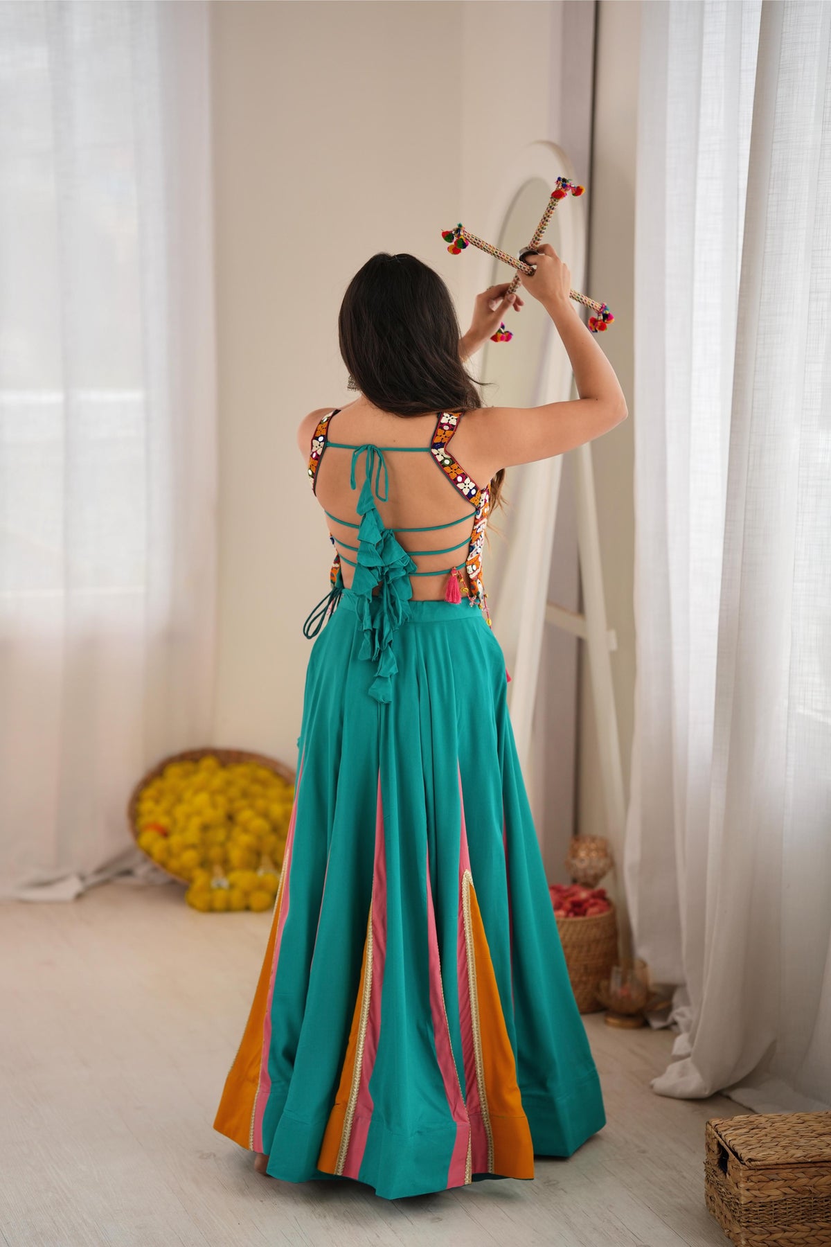 Traditional Rayon Mirror Heavy Flair Lehenga Set | Tulip Designer
