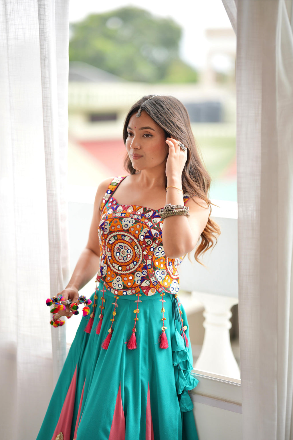 Traditional Rayon Mirror Heavy Flair Lehenga Set | Tulip Designer
