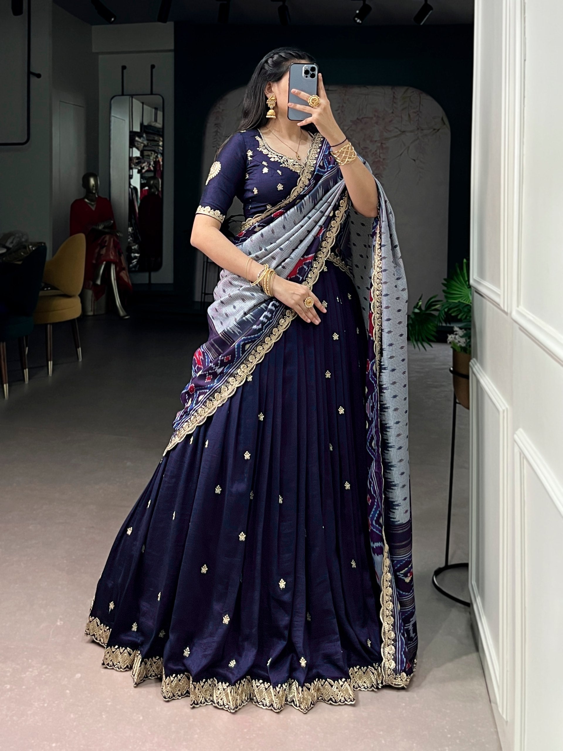 Traditional Vichitra Silk Sequins & Embroidered Lehenga Choli Set
