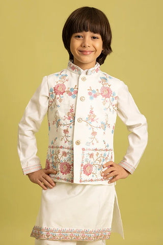 Traditional Wear White Koti Kurta Pajama for Boys Wear