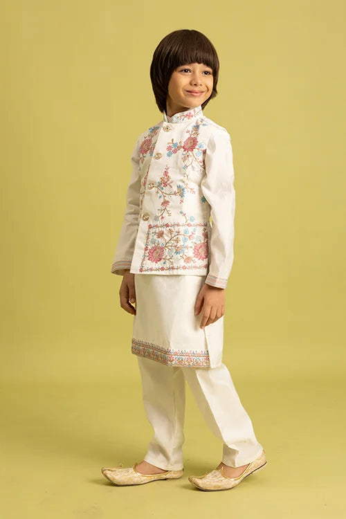 Traditional Wear White Koti Kurta Pajama for Boys Wear