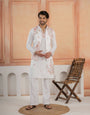 Traditional White V-Neck Kurta with Thread Embroidery Jacket & Pant