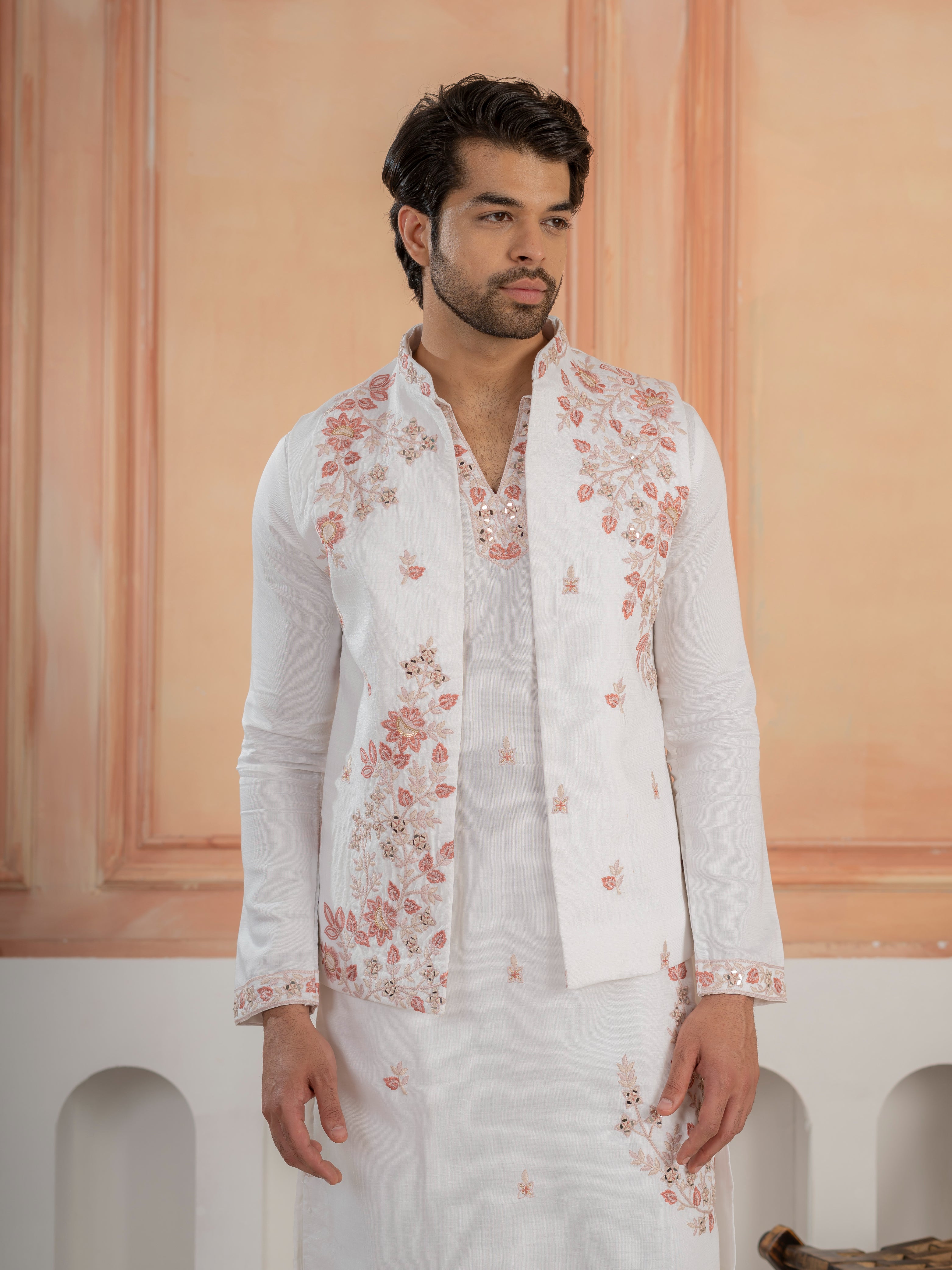 Traditional White V-Neck Kurta with Thread Embroidery Jacket & Pant
