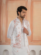 Traditional White V-Neck Kurta with Thread Embroidery Jacket & Pant
