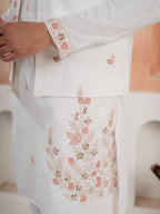Traditional White V-Neck Kurta with Thread Embroidery Jacket & Pant
