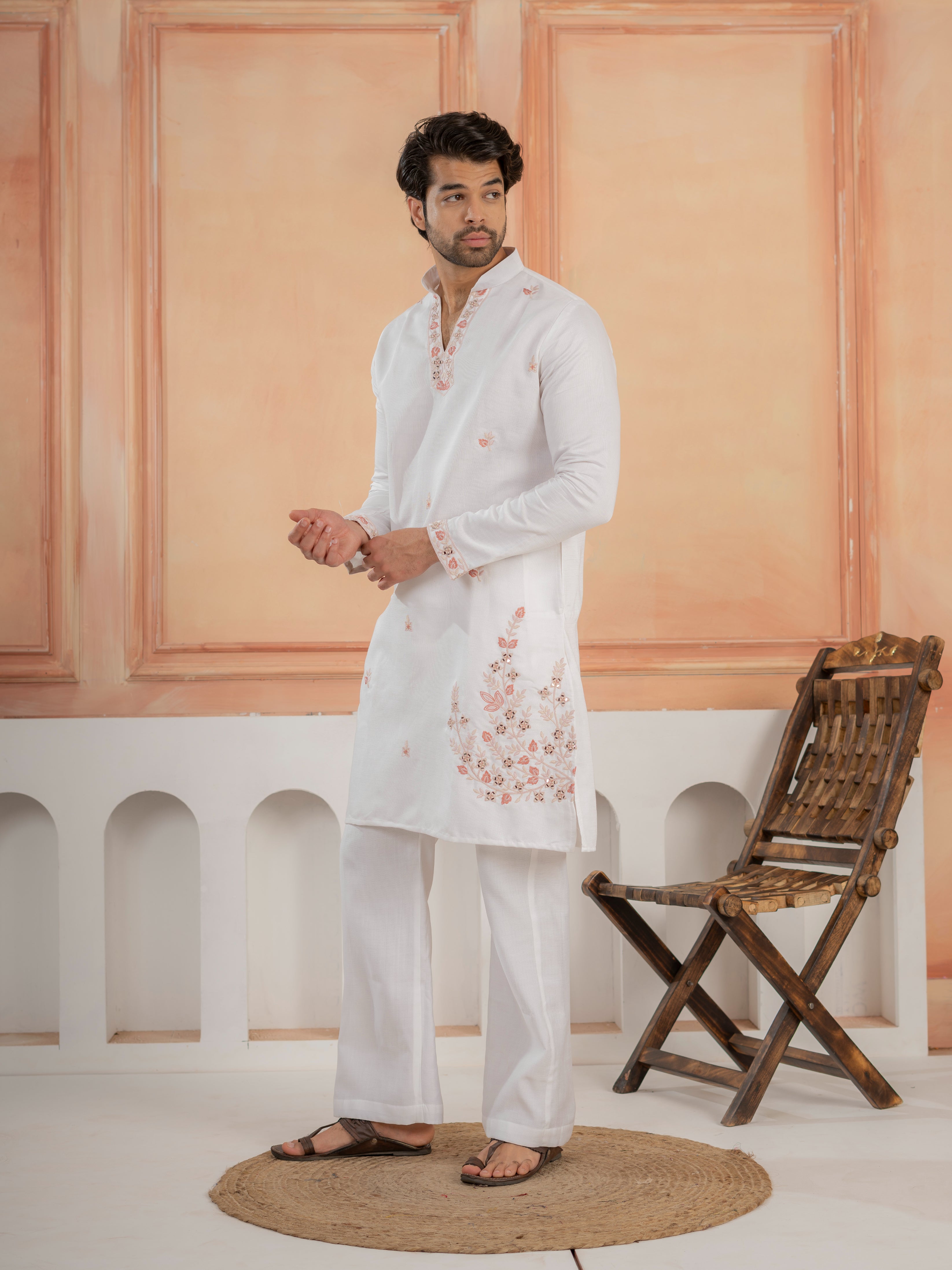 Traditional White V-Neck Kurta with Thread Embroidery Jacket & Pant

