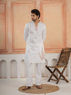 Traditional White V-Neck Kurta with Thread Embroidery Jacket & Pant
