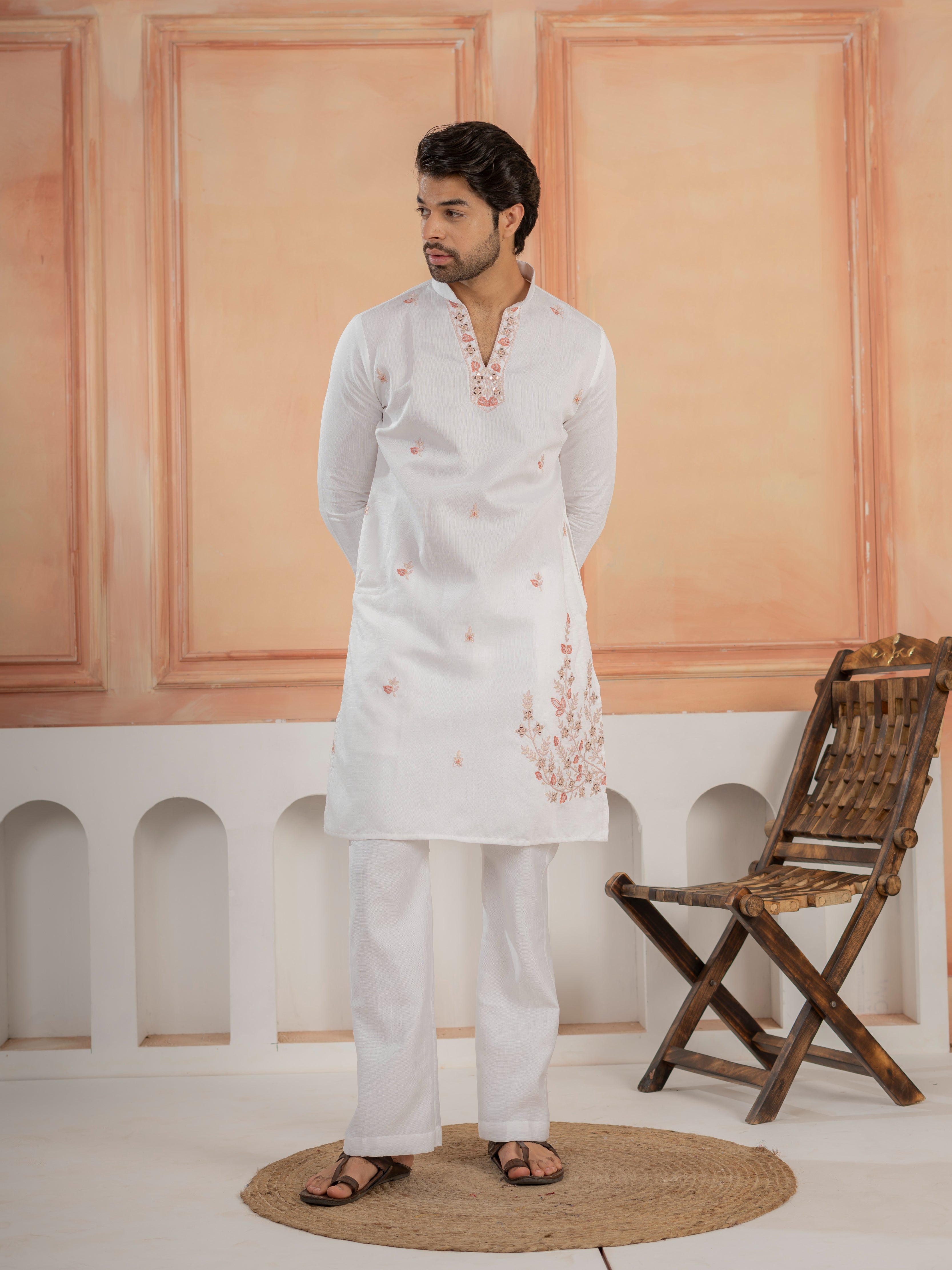 Traditional White V-Neck Kurta with Thread Embroidery Jacket & Pant
