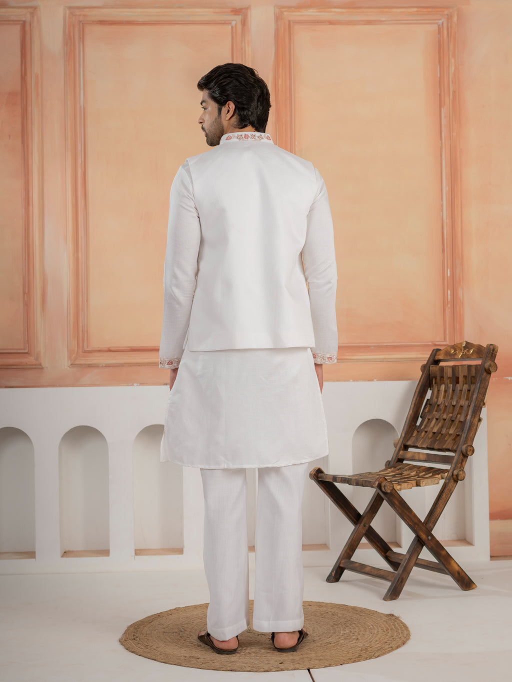 Traditional White V-Neck Kurta with Thread Embroidery Jacket & Pant
