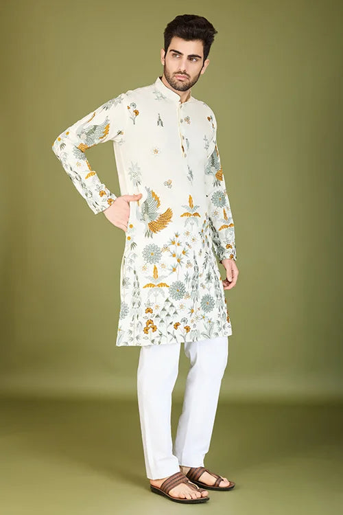 White Viscose Rayon Designer Kurta for Men