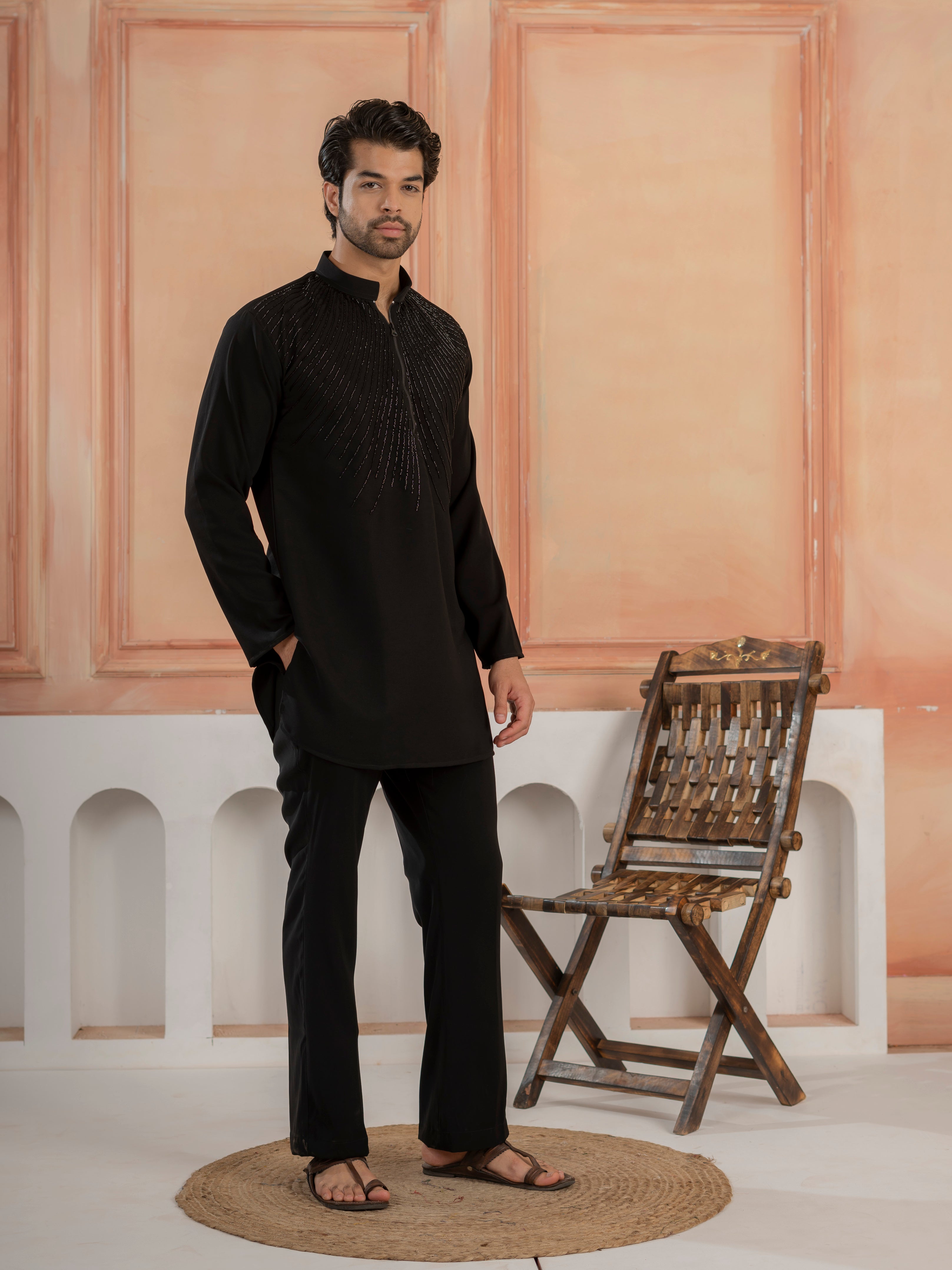 Trendy Black Japanese Lachka Beads Work Kurta & Bell Bottom Pants
