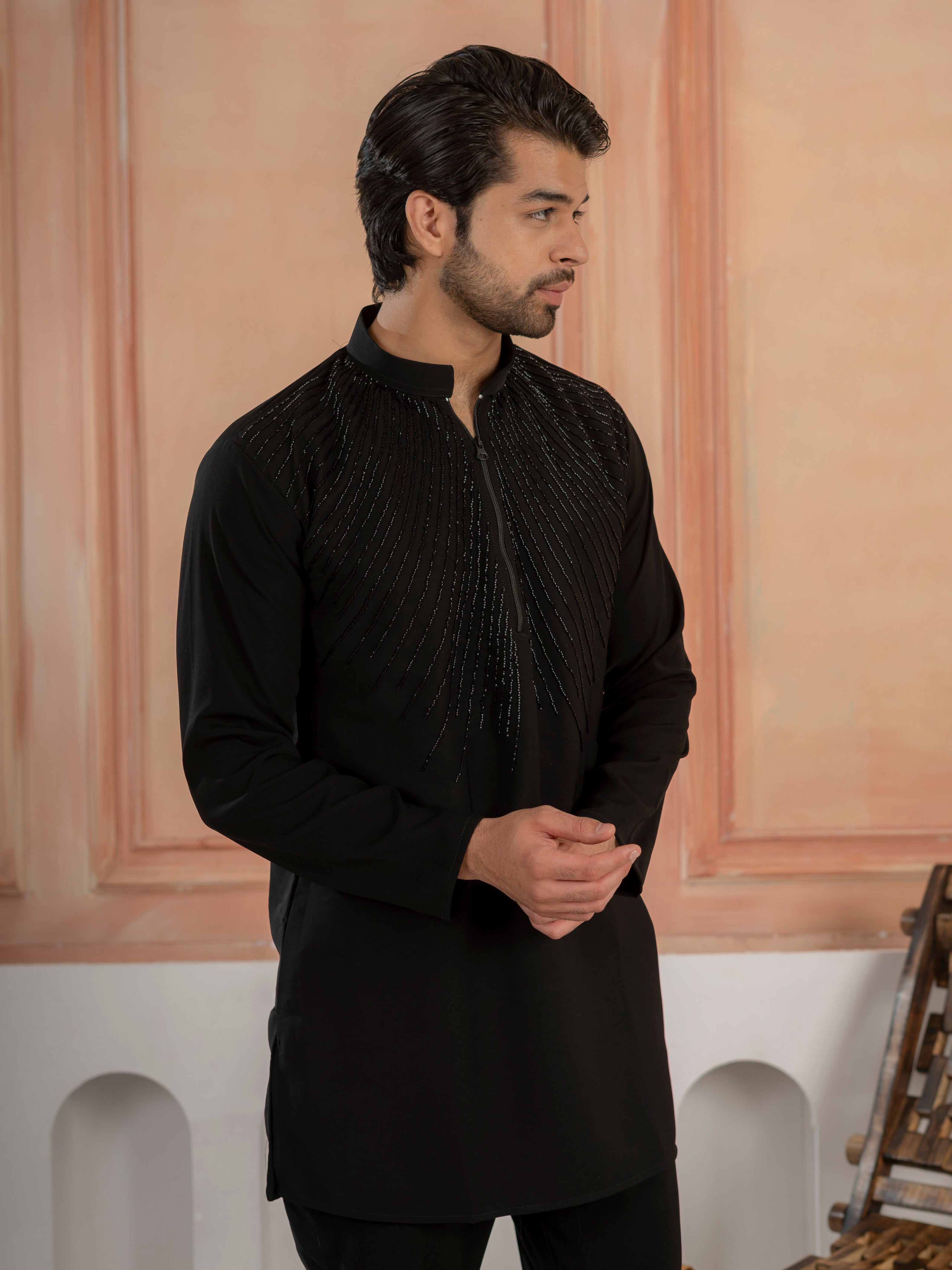 Trendy Black Japanese Lachka Beads Work Kurta & Bell Bottom Pants
