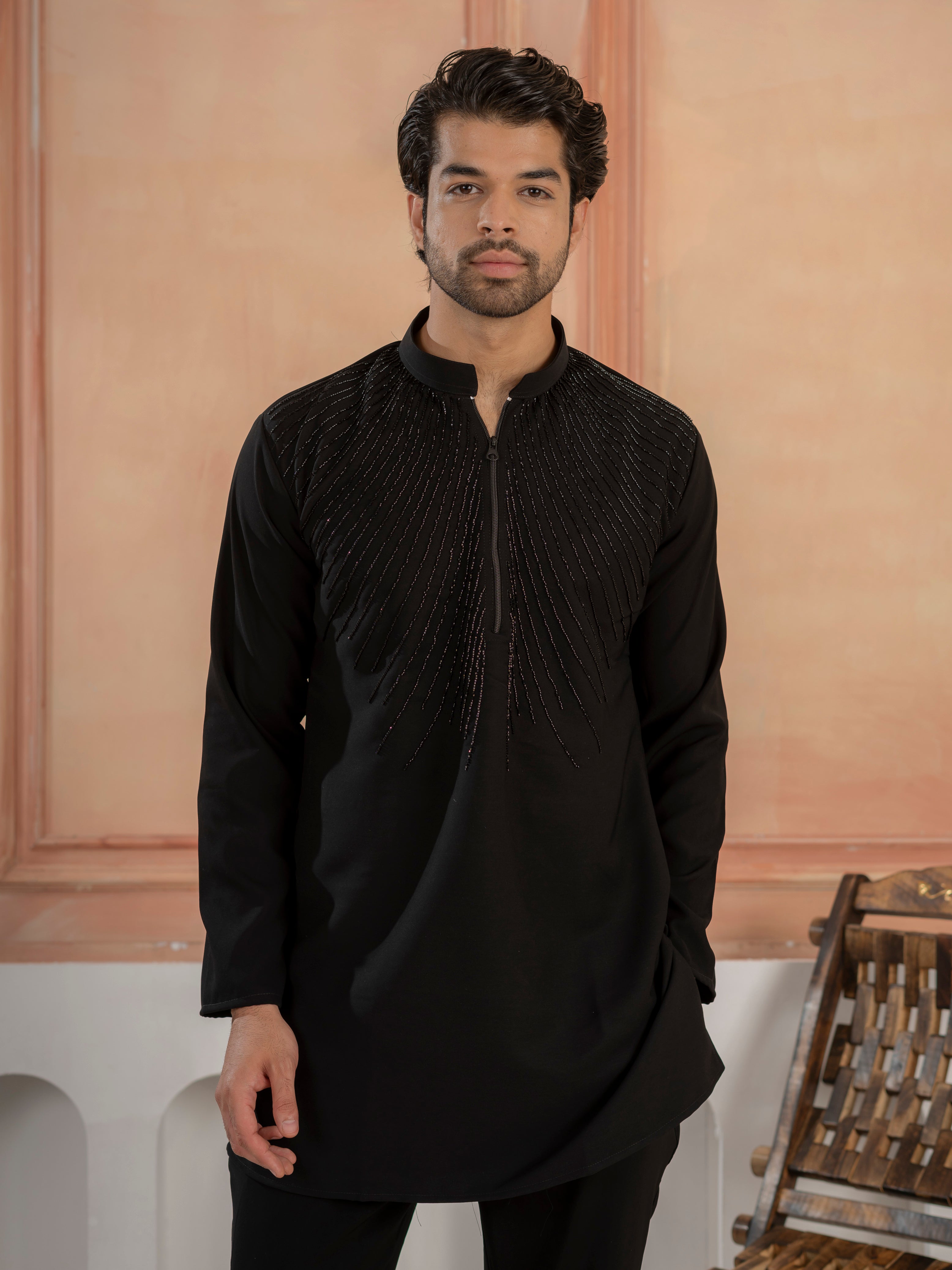 Trendy Black Japanese Lachka Beads Work Kurta & Bell Bottom Pants
