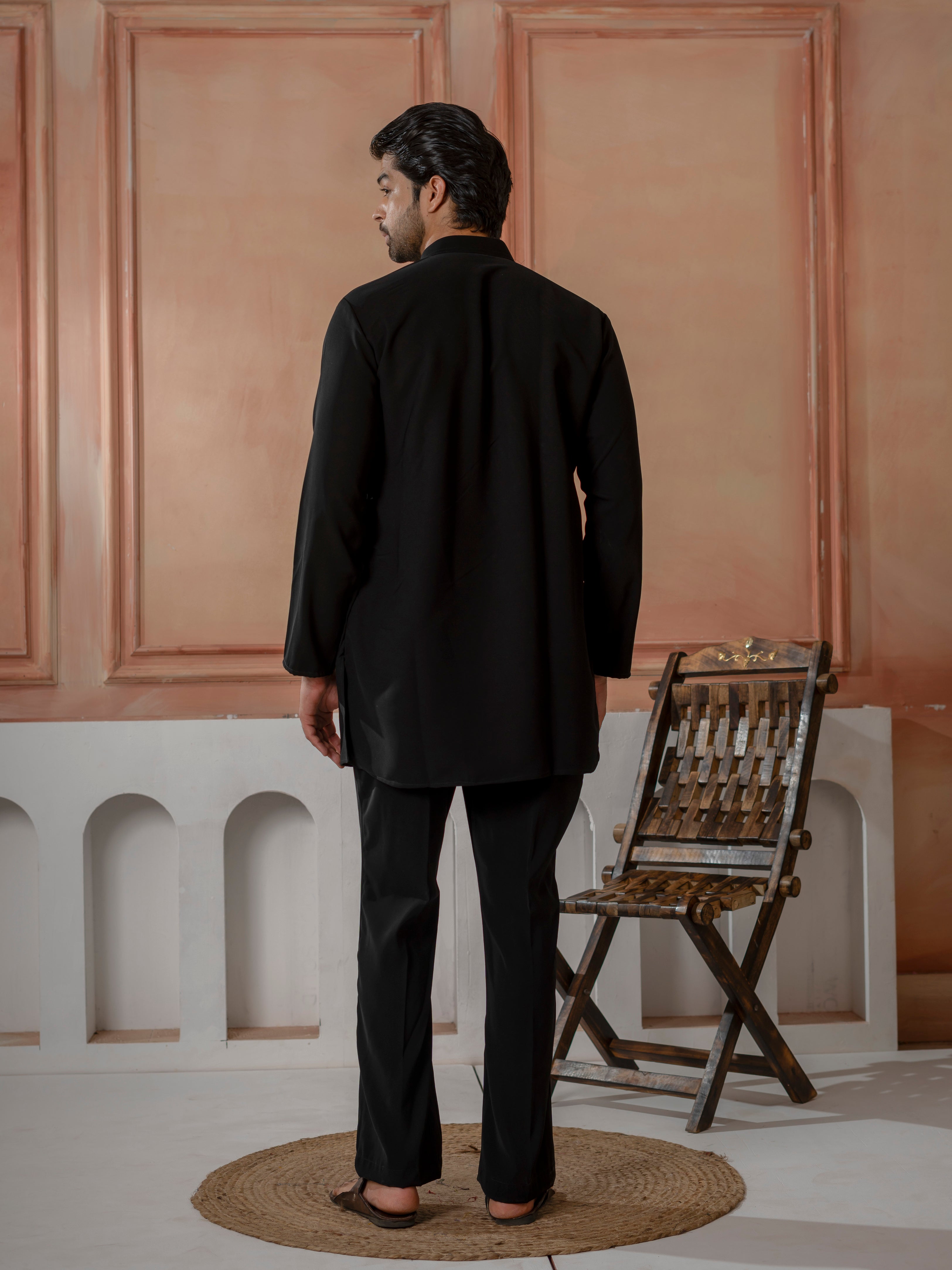 Trendy Black Japanese Lachka Beads Work Kurta & Bell Bottom Pants
