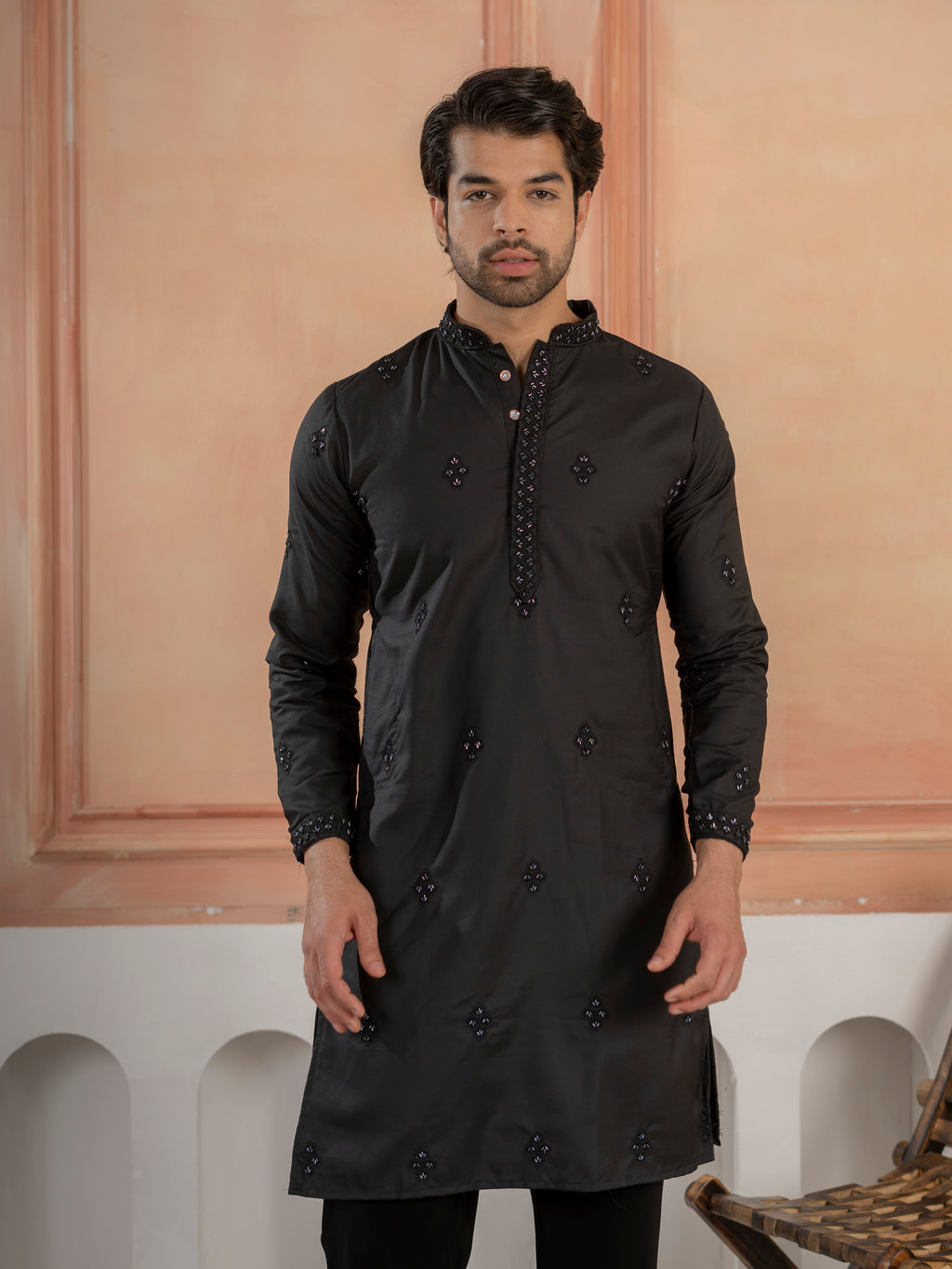 Ethnic Black Soft Cotton Val-Moti Butta Work Mens Kurta Set
