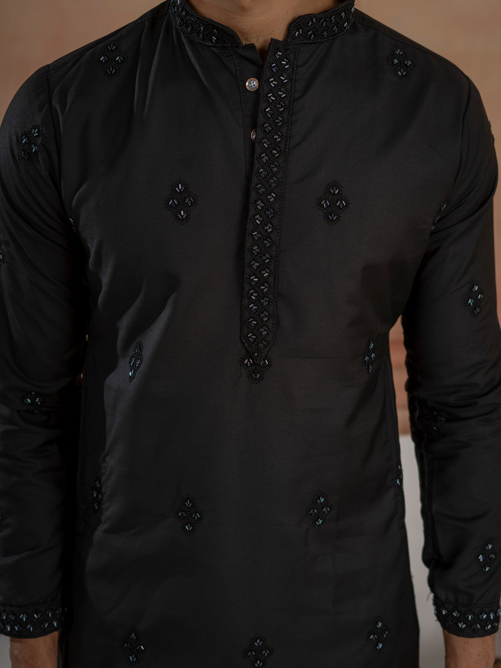 Ethnic Black Soft Cotton Val-Moti Butta Work Mens Kurta Set
