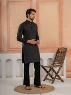 Ethnic Black Soft Cotton Val-Moti Butta Work Mens Kurta Set
