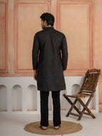 Ethnic Black Soft Cotton Val-Moti Butta Work Mens Kurta Set

