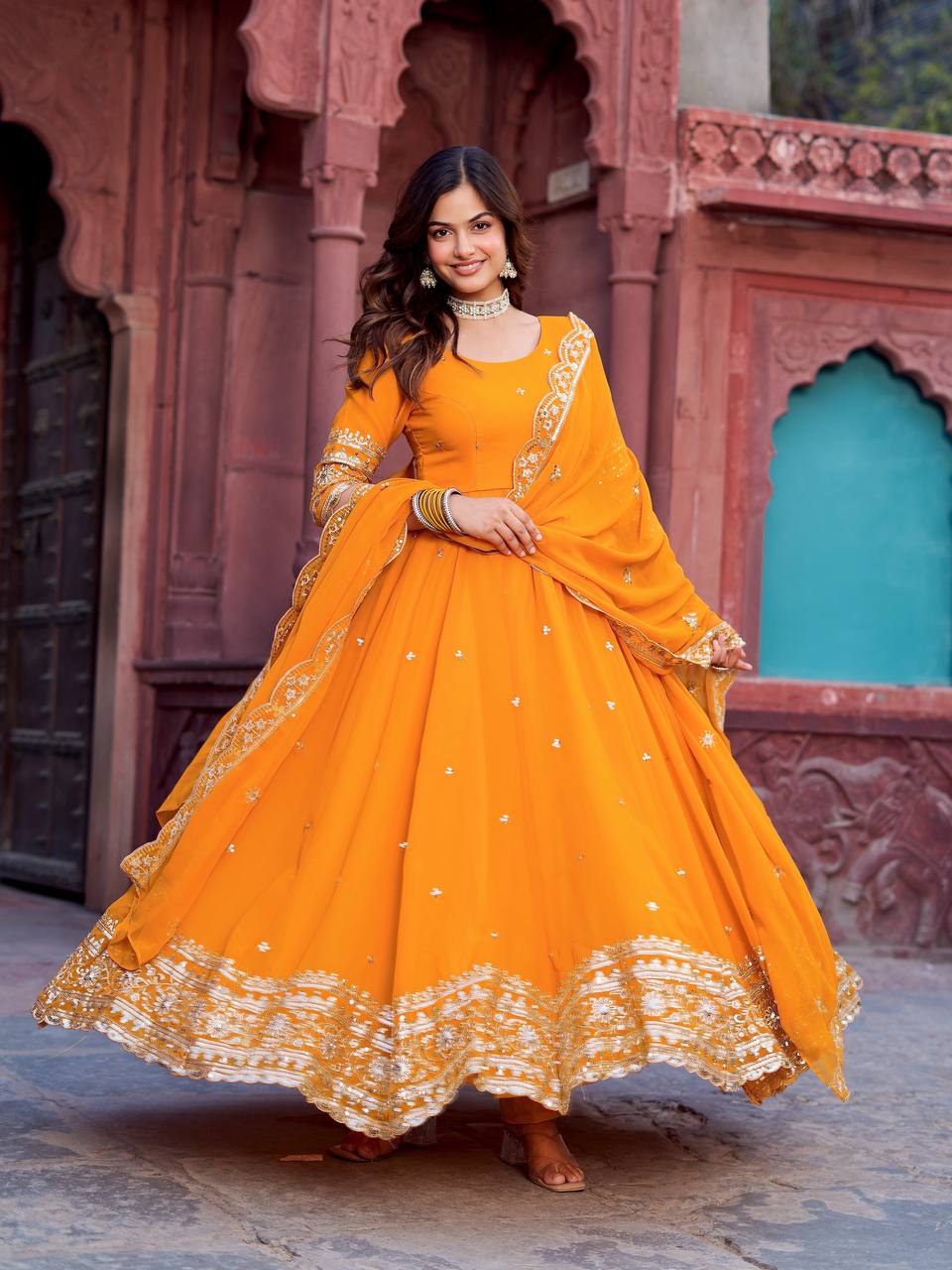 Trendy Faux Georgette Long Gown Set with Designer Dupatta and Pant
