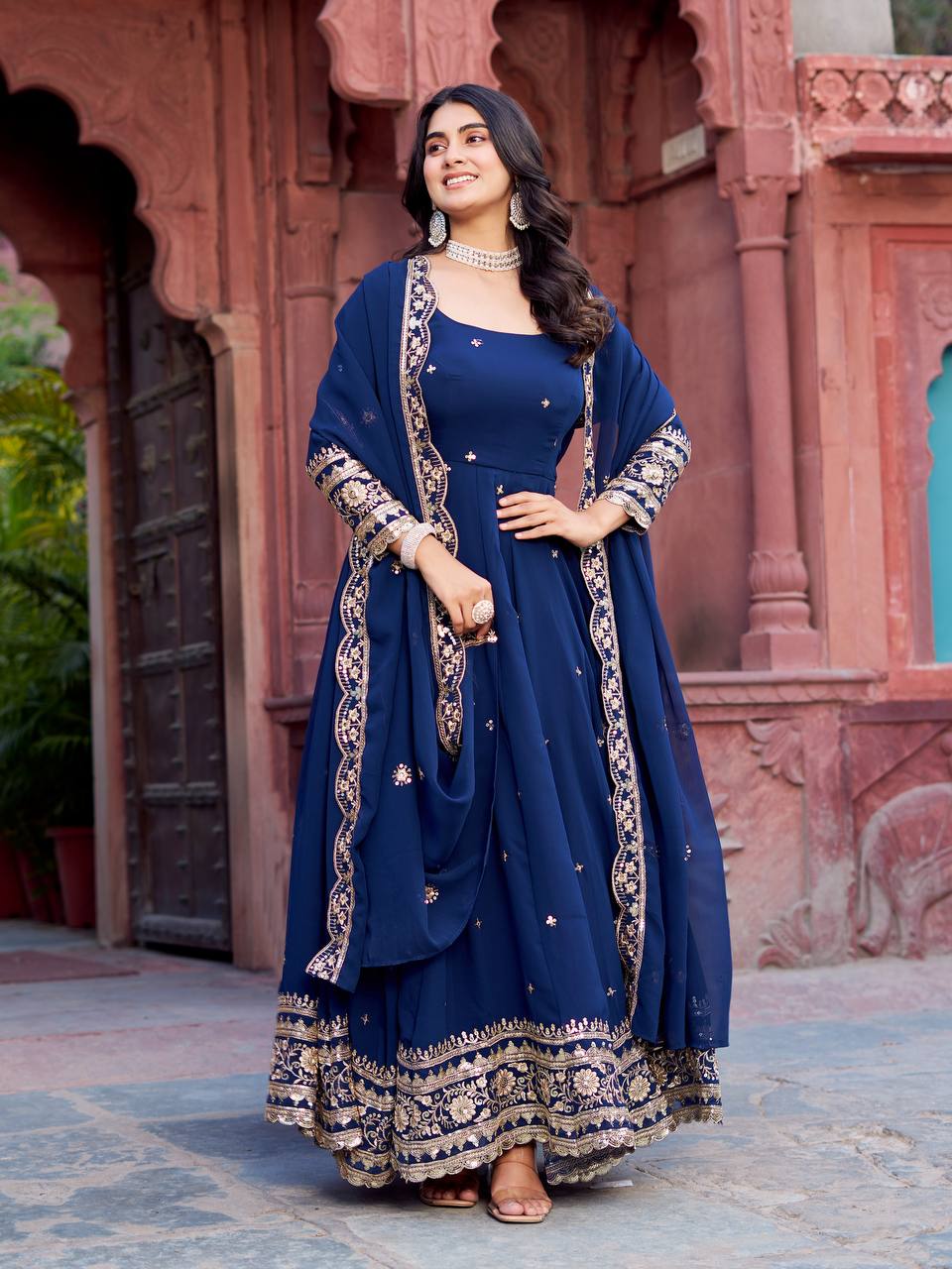 Trendy Faux Georgette Long Gown Set with Designer Dupatta and Pant

