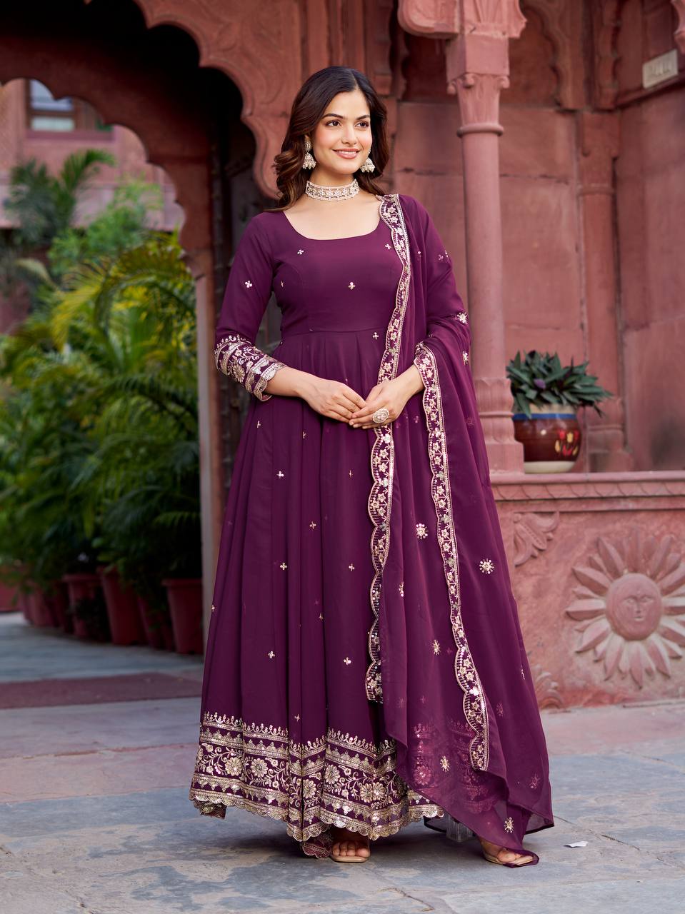 Trendy Faux Georgette Long Gown Set with Designer Dupatta and Pant
