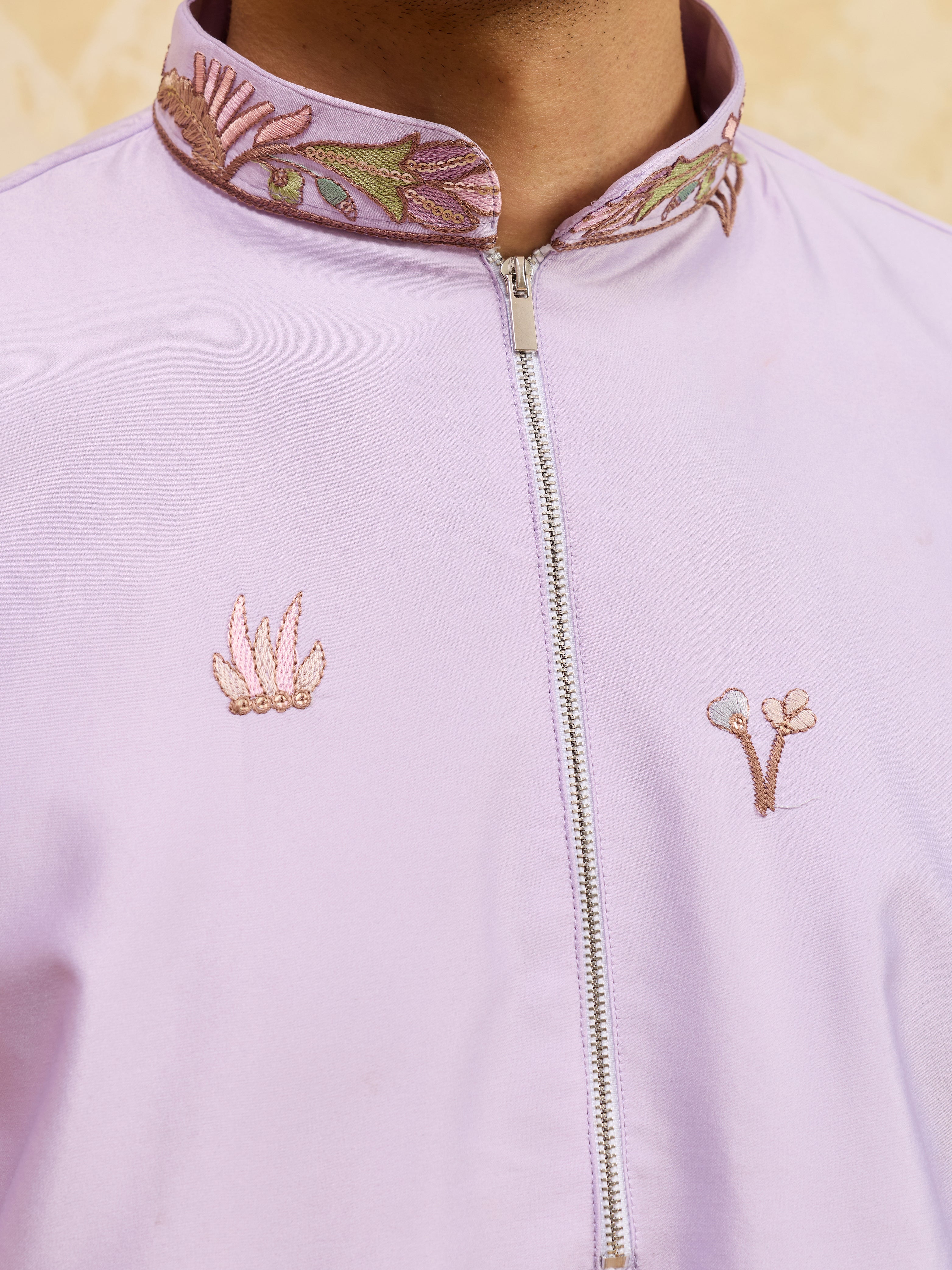 Trendy Lavender Viscose Silk Thread Embroidery Kurta Pant Set
