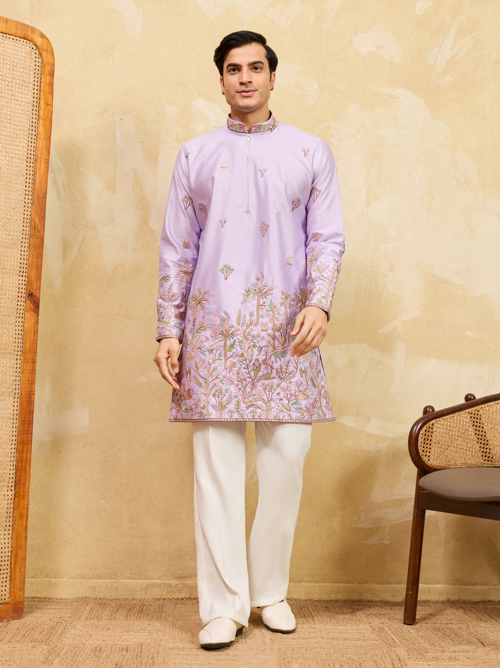 Trendy Lavender Viscose Silk Thread Embroidery Kurta Pant Set
