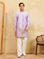 Trendy Lavender Viscose Silk Thread Embroidery Kurta Pant Set
