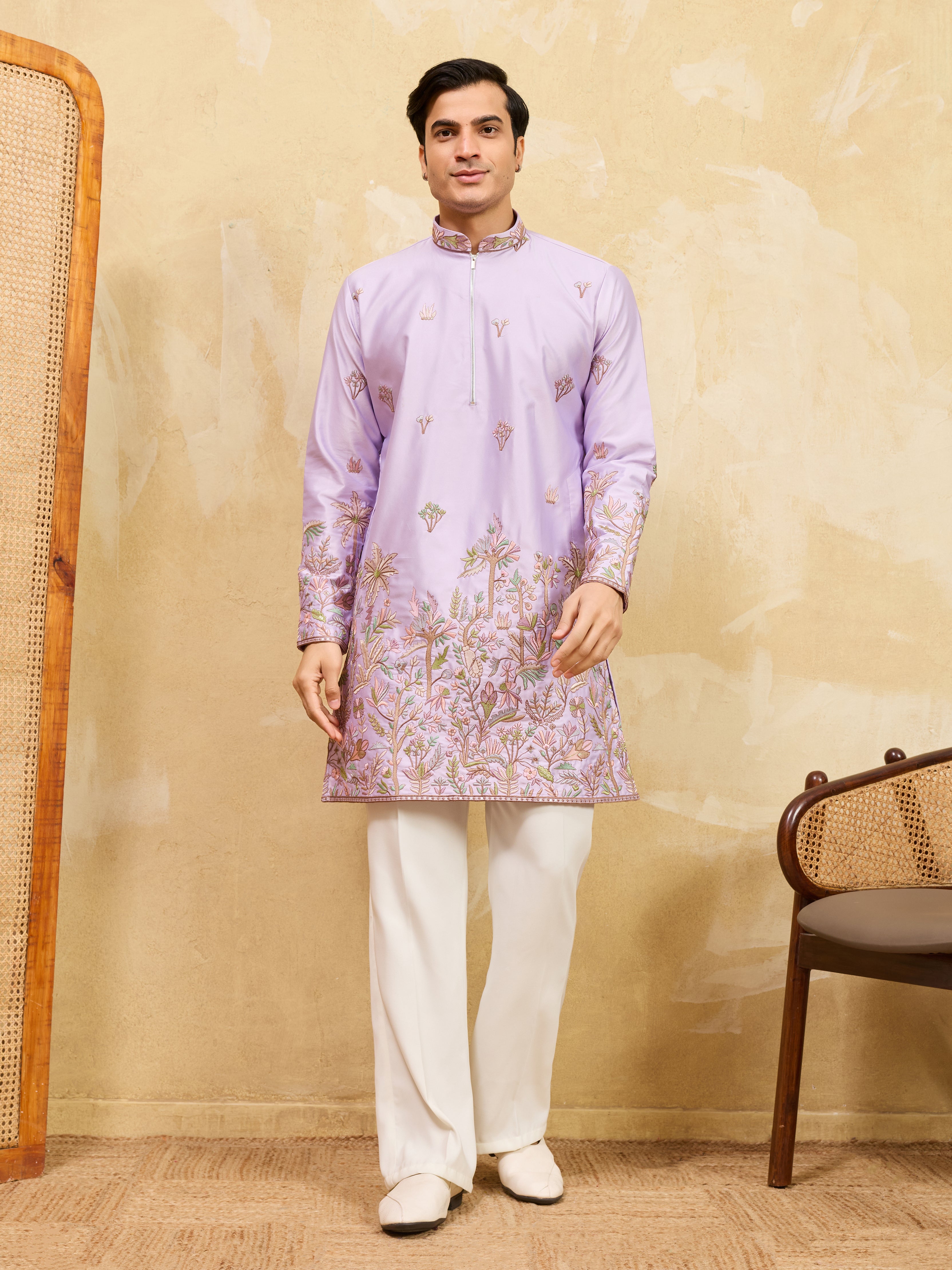 Trendy Lavender Viscose Silk Thread Embroidery Kurta Pant Set
