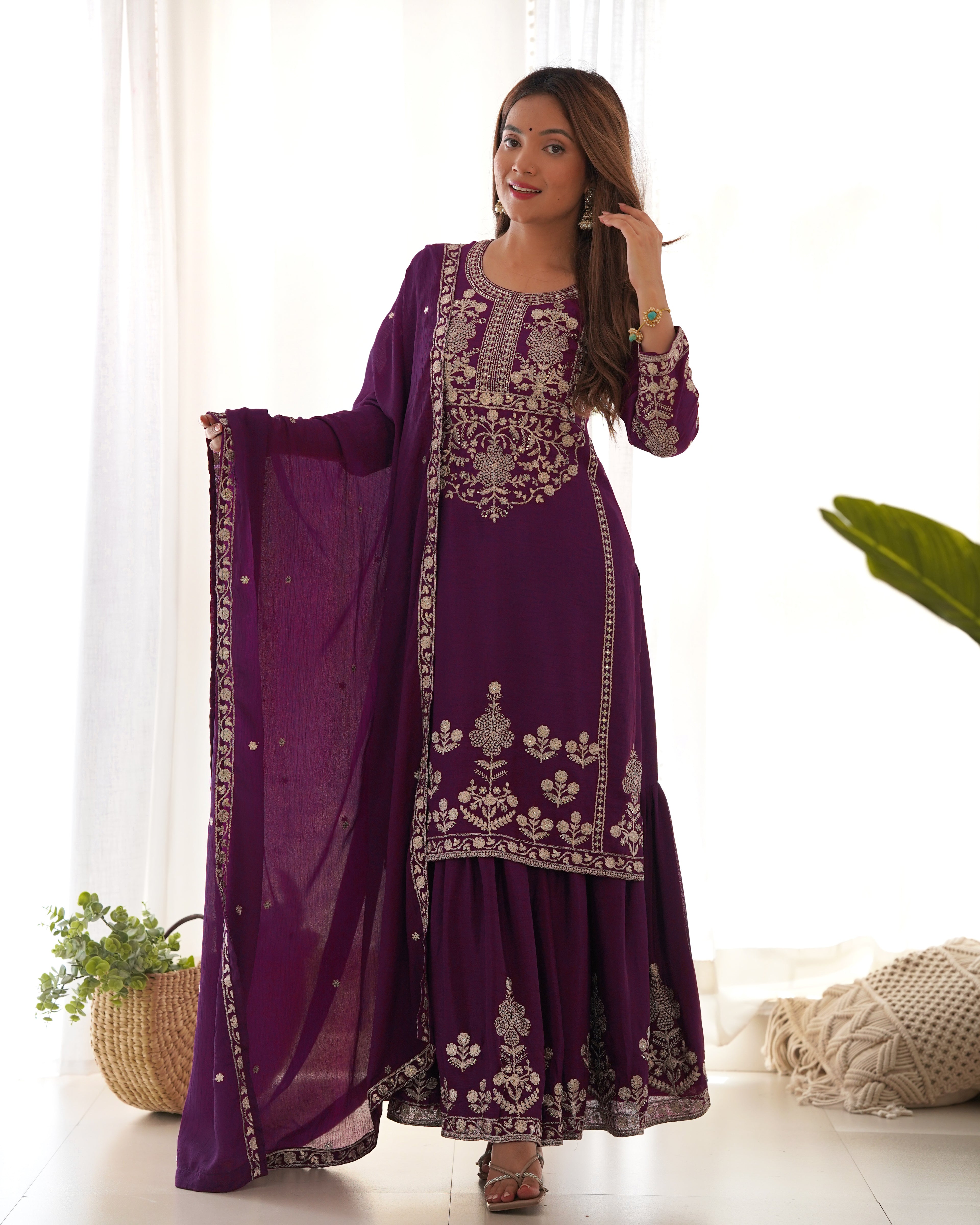 Trendy Purple Pure Chinon Silk Embroidery Sequence Work Sharara Suit Set
