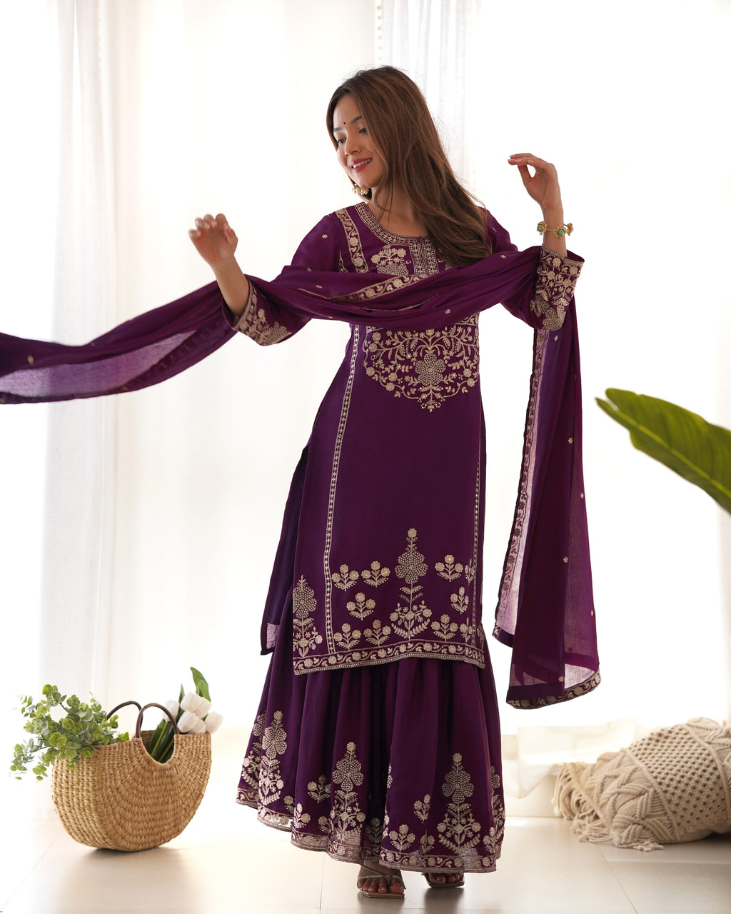 Trendy Purple Pure Chinon Silk Embroidery Sequence Work Sharara Suit Set
