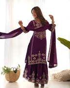 Trendy Purple Pure Chinon Silk Embroidery Sequence Work Sharara Suit Set
