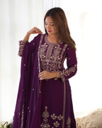 Trendy Purple Pure Chinon Silk Embroidery Sequence Work Sharara Suit Set
