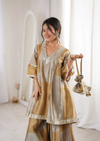 Festive Two-Tone Tissue Mirror Work Kurti Pant Set with Batwa
