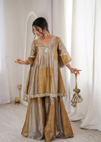 Festive Two-Tone Tissue Mirror Work Kurti Pant Set with Batwa
