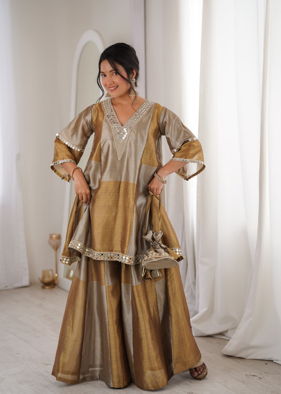 Festive Two-Tone Tissue Mirror Work Kurti Pant Set with Batwa
