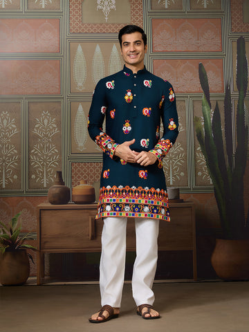 Teal Blue Cotton Kurta with Multi-Thread & Mirror Work