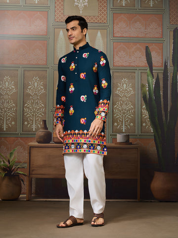 Teal Blue Cotton Kurta with Multi-Thread & Mirror Work