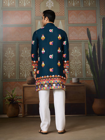 Teal Blue Cotton Kurta with Multi-Thread & Mirror Work